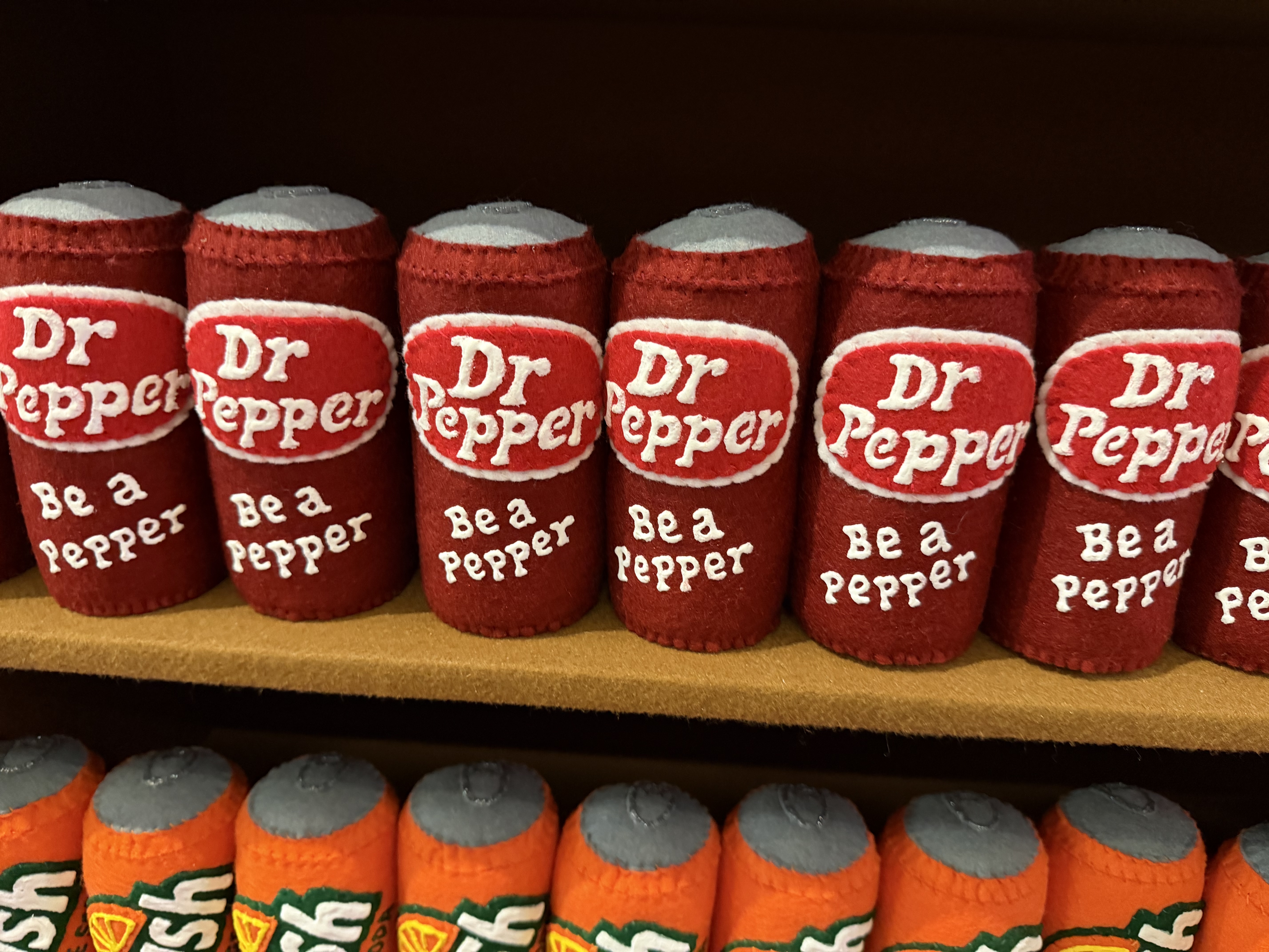 Felt constructed Dr Pepper cans. 